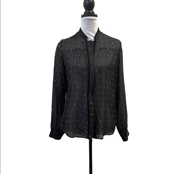 Club Monaco 100% silk shear black polka dot button front long sleeve size medium - Picture 1 of 9